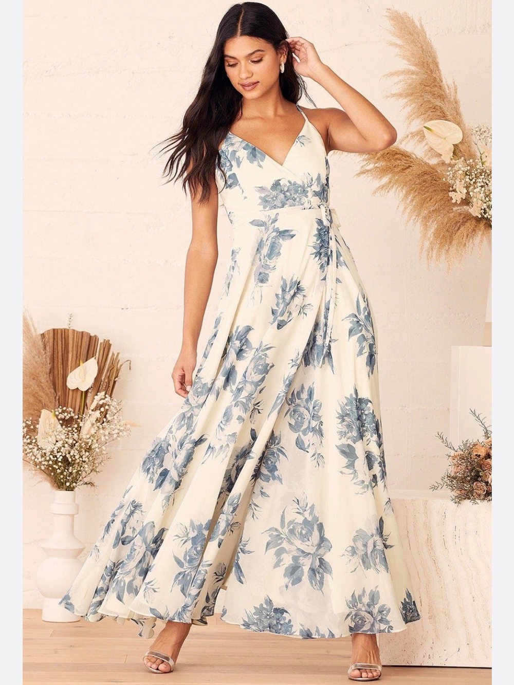 You+All white blue floral wrap maxi dress